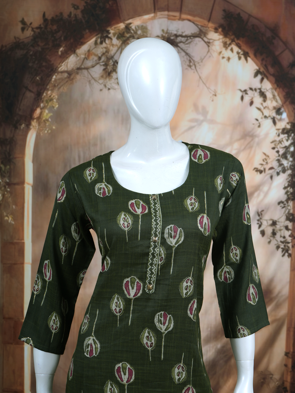 Olive Green Printed Cotton Kurti Set