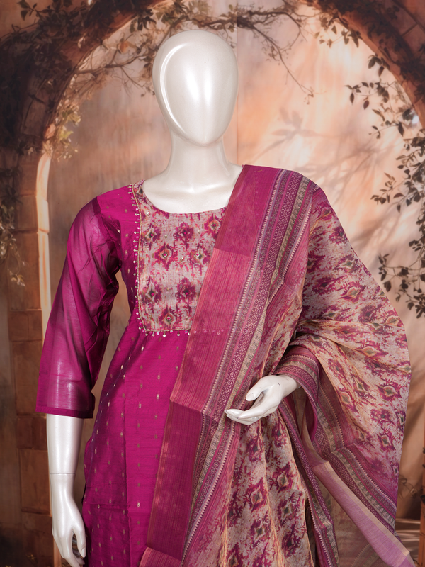 Magenta with Beige Printed Dupatta Ready Made Kurti Set