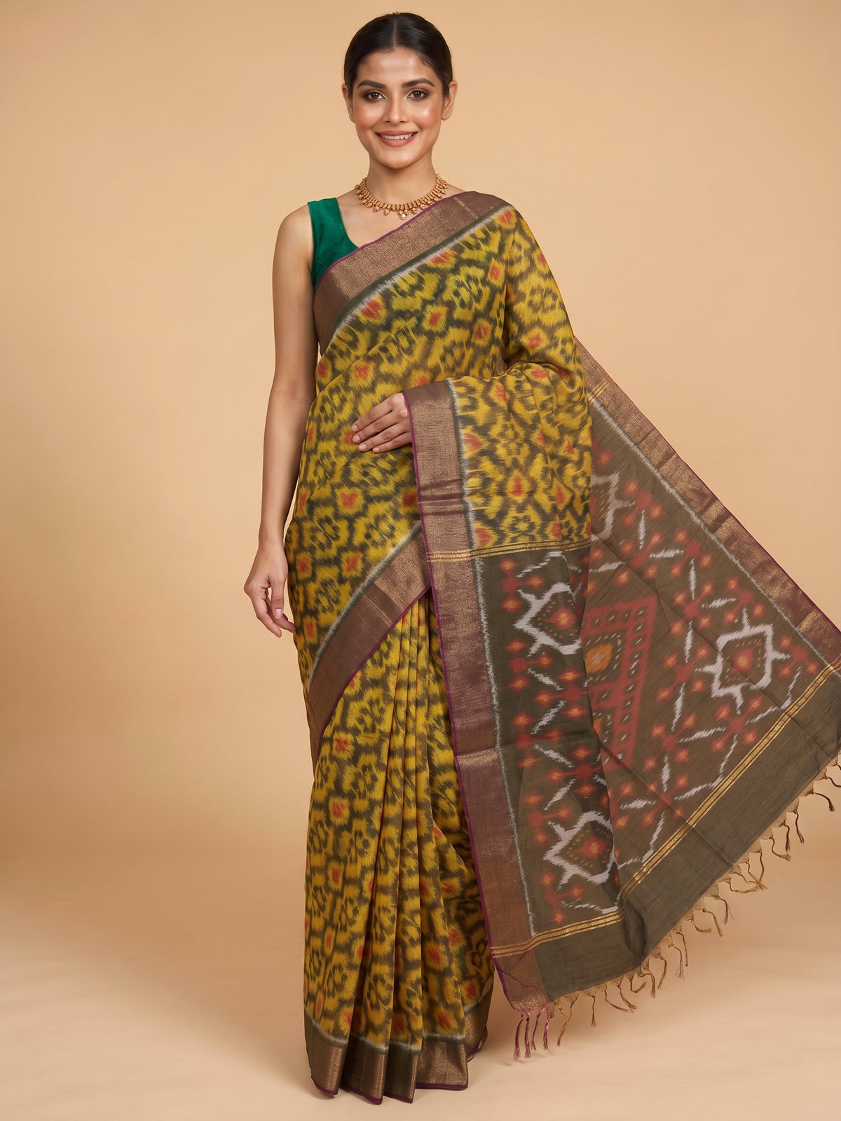 Yellow with Charcoal Grey - Pochampalli Cotton Saree