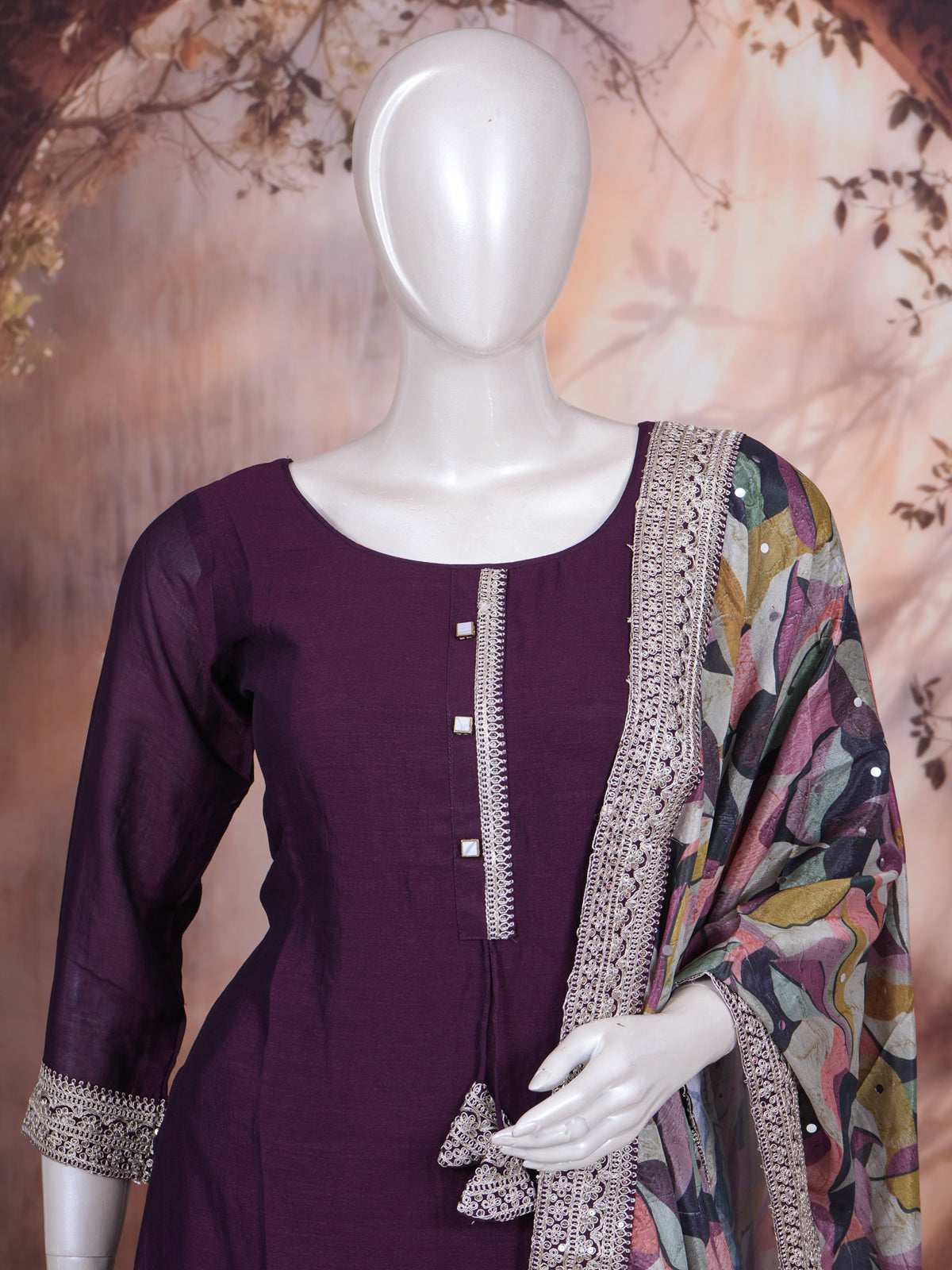 Deep Wine with Multi-Color Printed Dupatta Ready Made Kurti Set