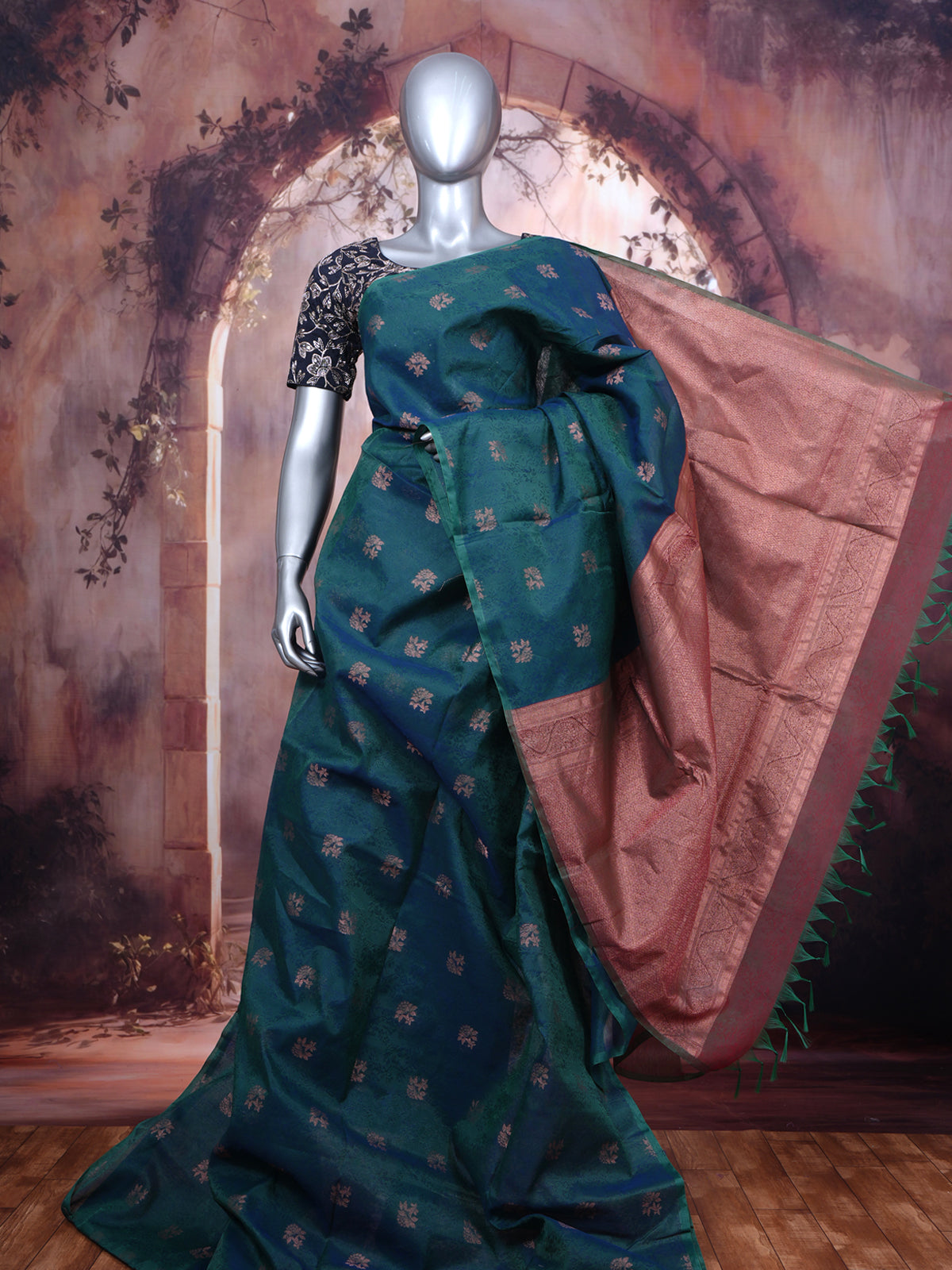 Peacock Blue and Copper Rose Silk Cotton Saree