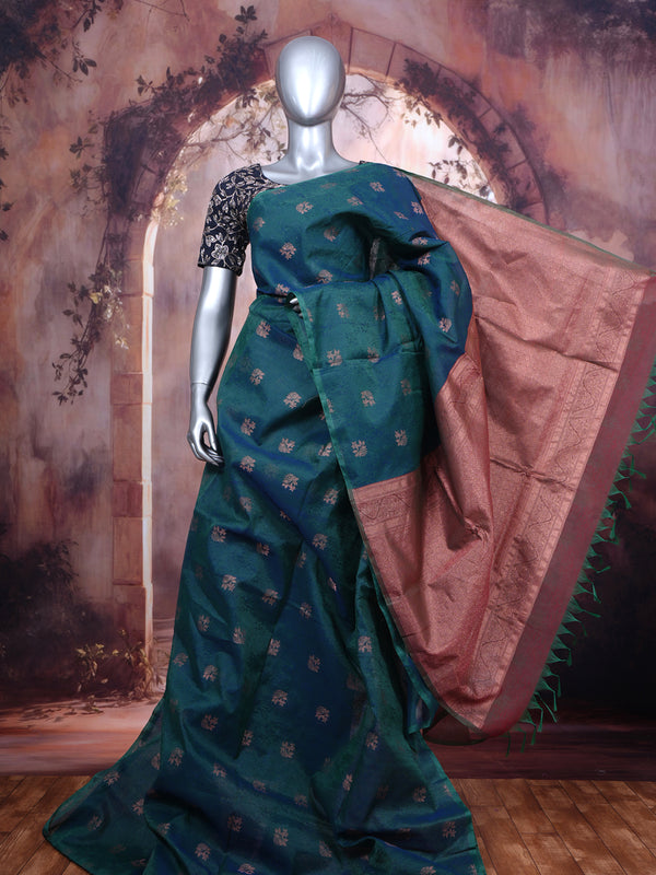Peacock Blue and Copper Rose Silk Cotton Saree