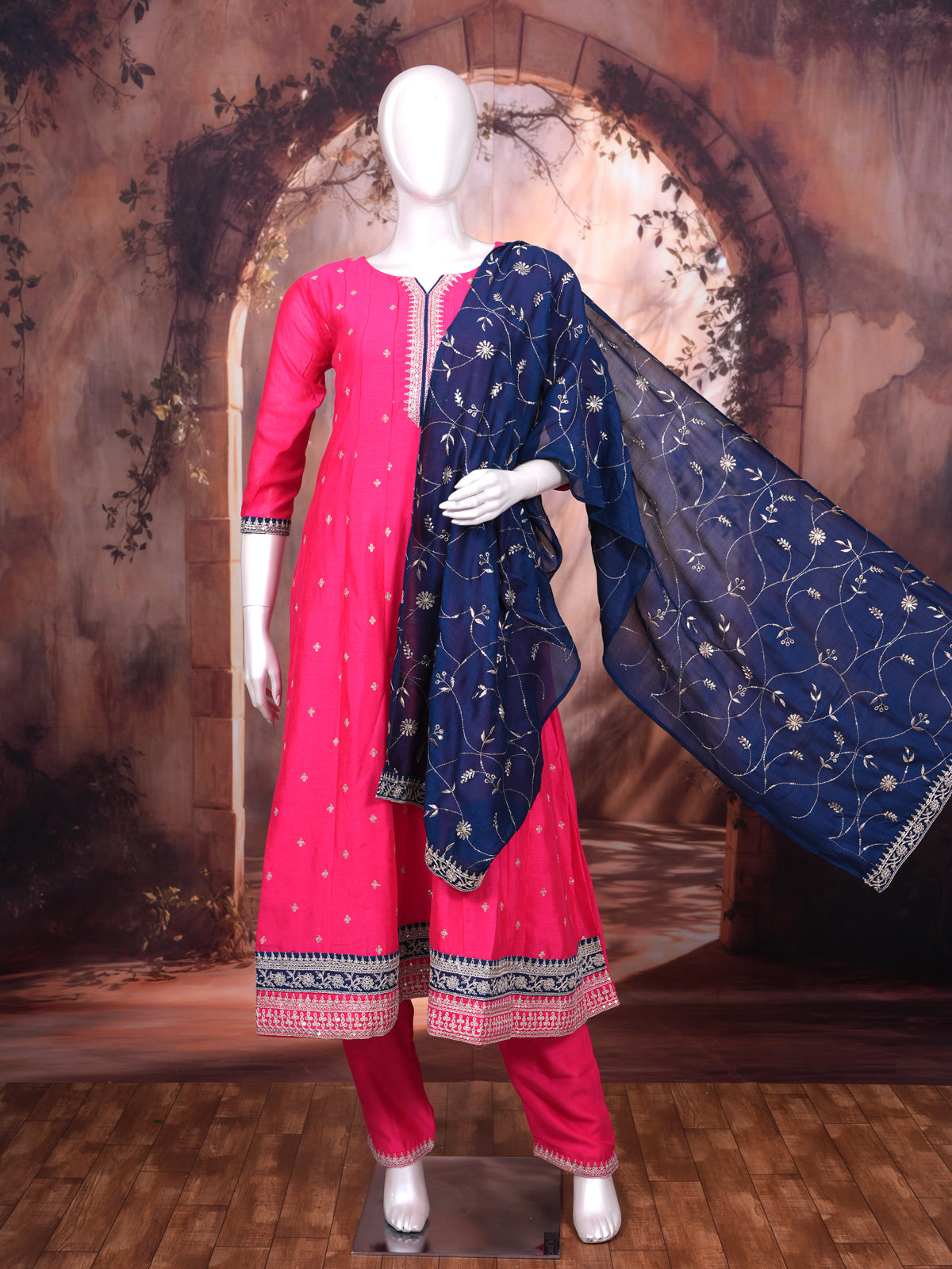 Pink with Navy Blue Ready Made Salwar Suit