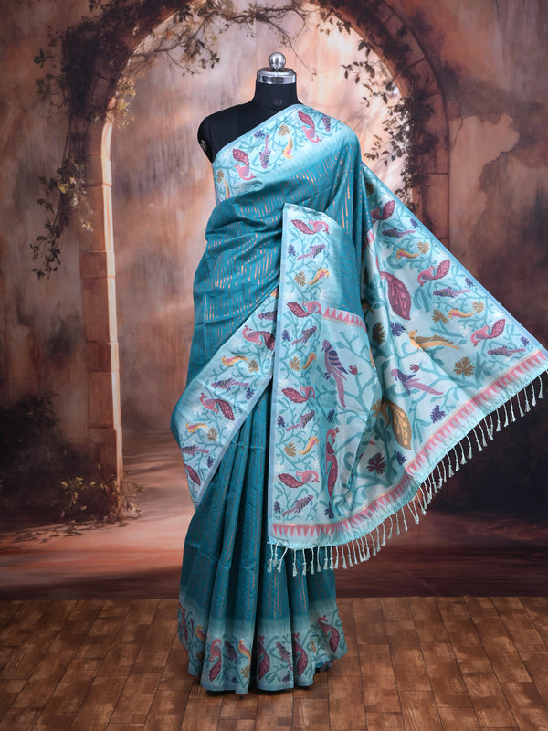 Peacock Blue Semi Silk Saree