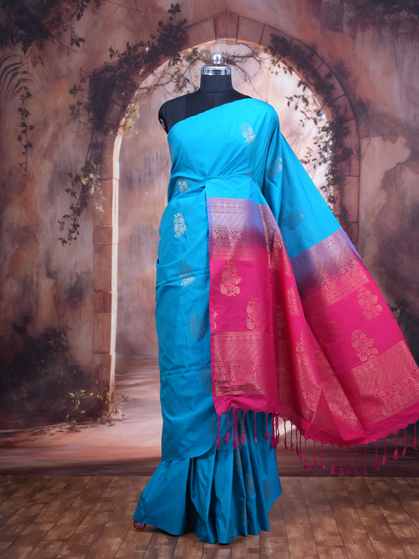Sky Blue With Pink  Semi Silk Saree