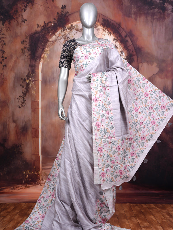 Off-White and Light Grey with Floral Printed Munthi Dola Silk Saree