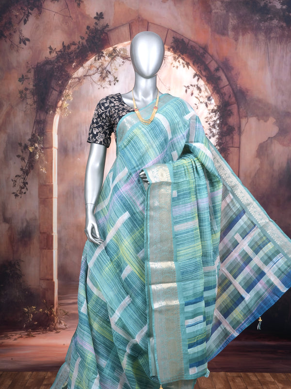Sea Green with Silver Zari Pallu - Semi Raw Silk Saree