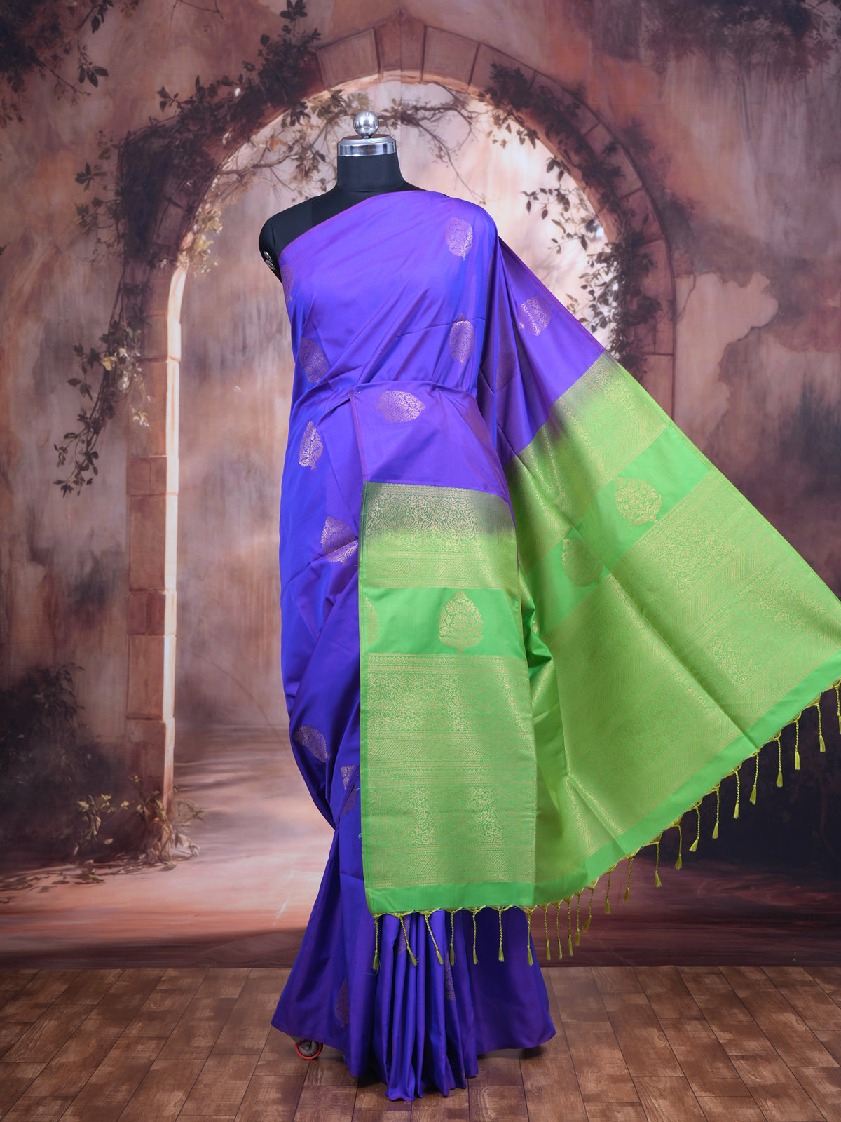Violet With Green Semi Silk Saree