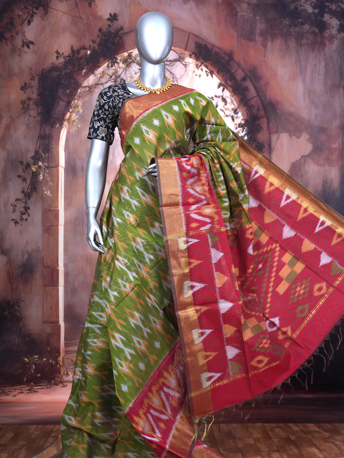Olive Green with Red - Pochampalli Cotton Saree