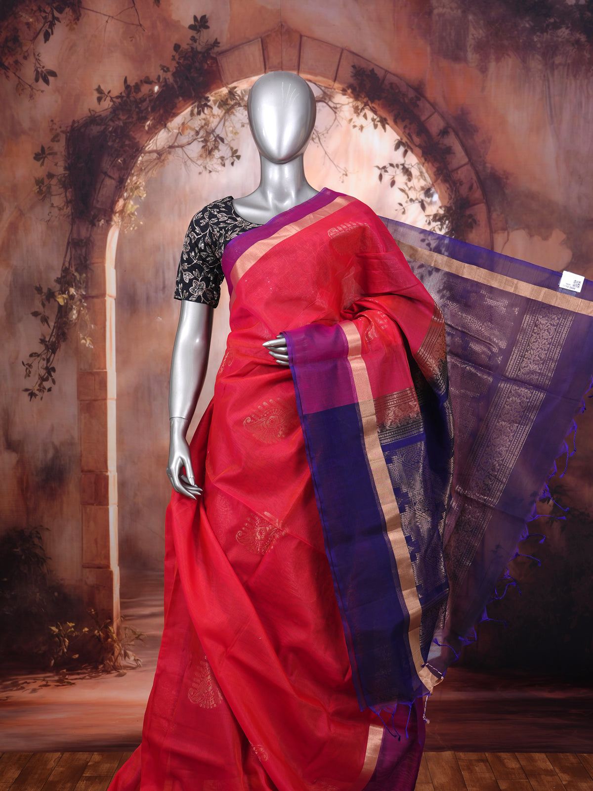 Pure Silk Cotton Saree in Vibrant Pink and Violet-Blue with Traditional Zari Border