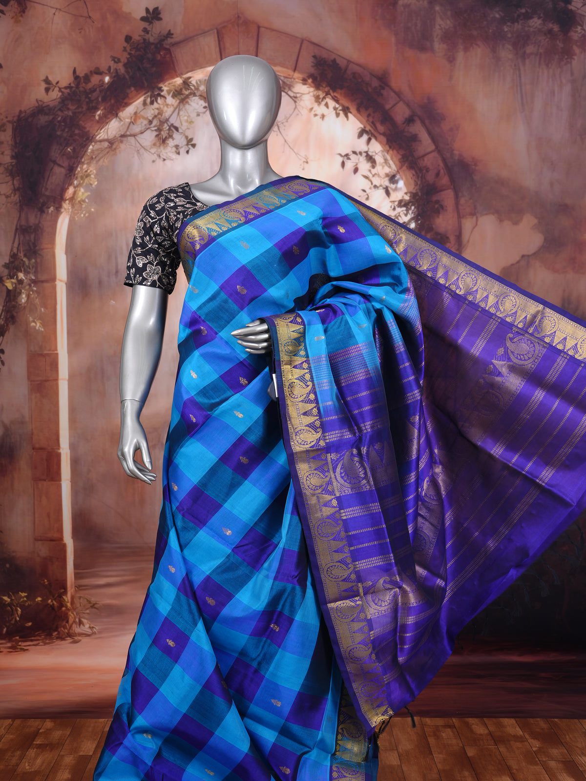 Royal Blue and Turquoise Pure Silk Cotton Saree with Checked Kattam Weave