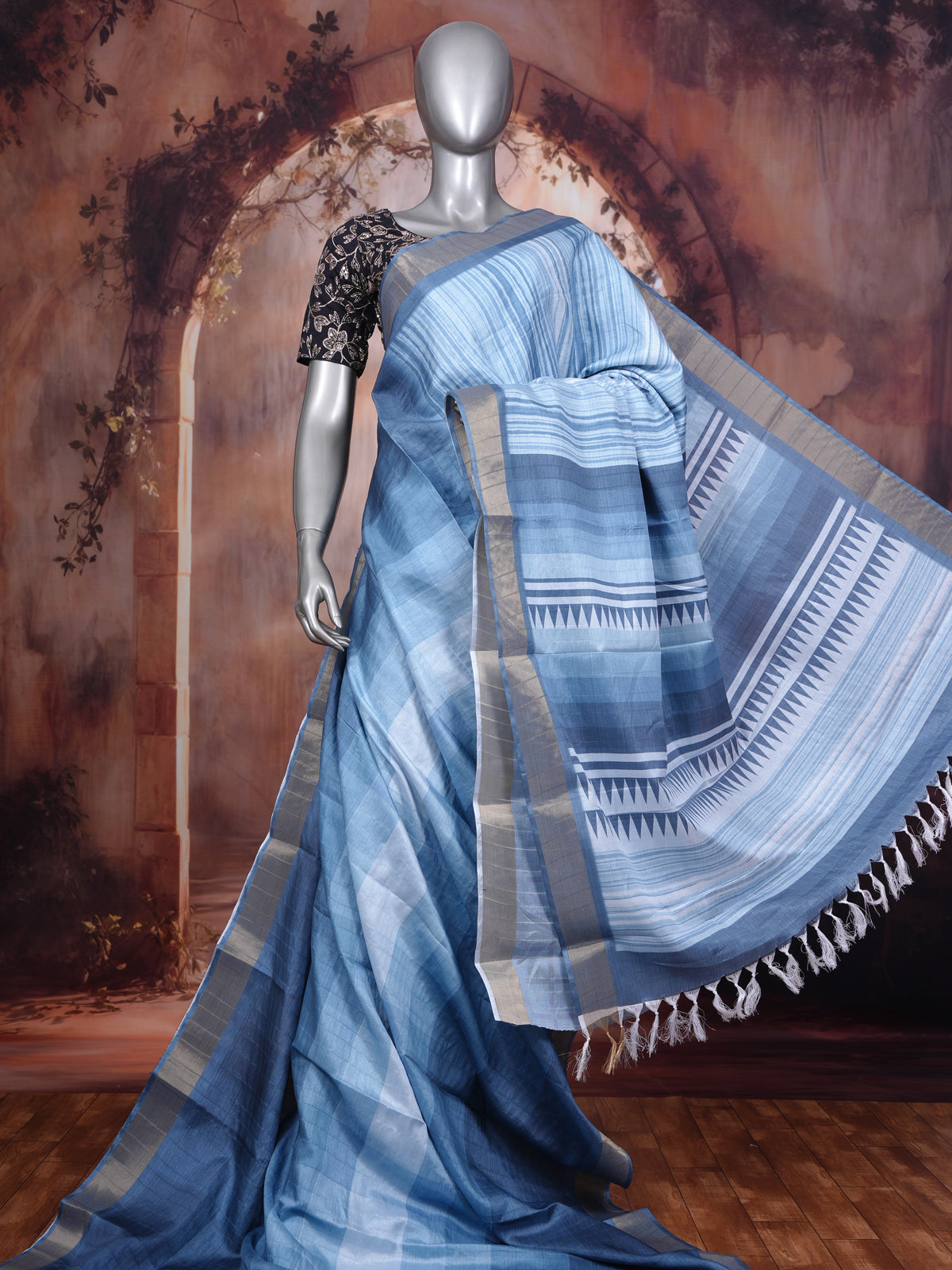 Light Blue and Dark Blue Dola Silk Saree