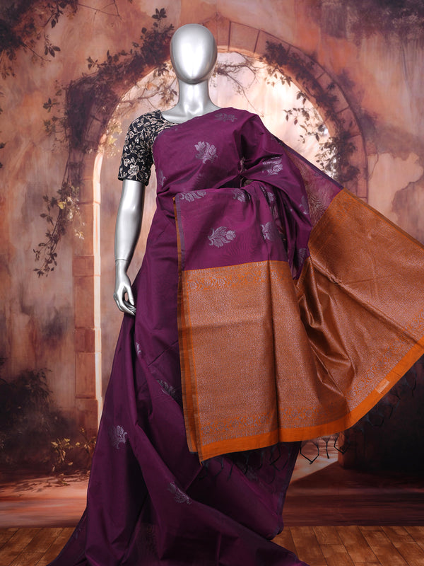 Wine Purple and Mustard-Orange Silk Cotton Saree