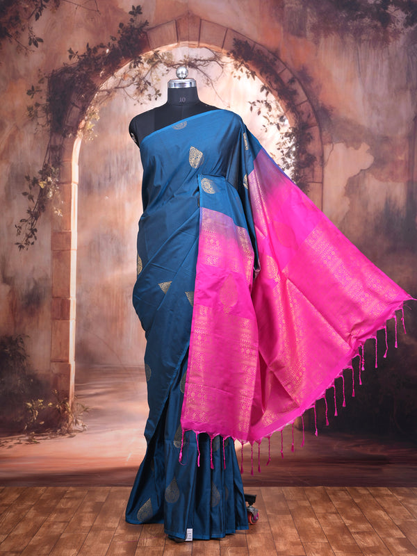 Peacock Blue with Rani Pink Semi Silk Saree