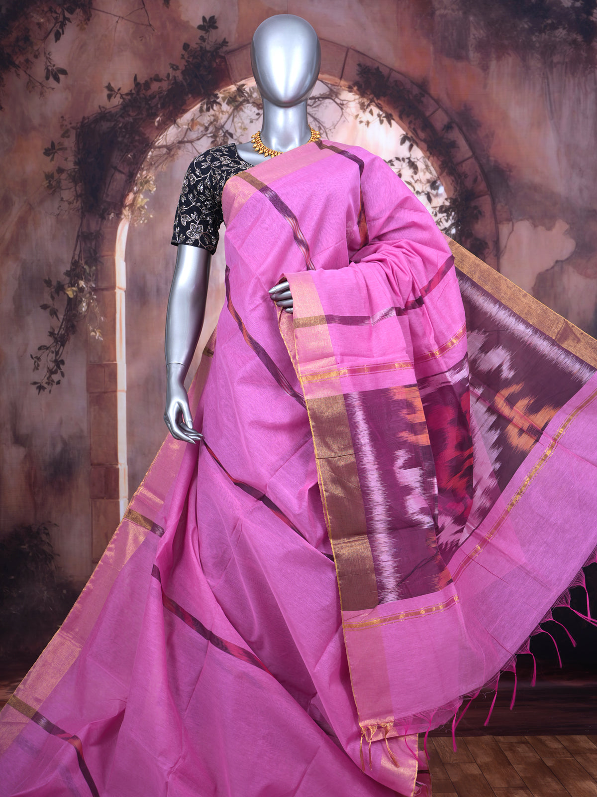 Pink with Wine - Pochampalli Cotton Saree