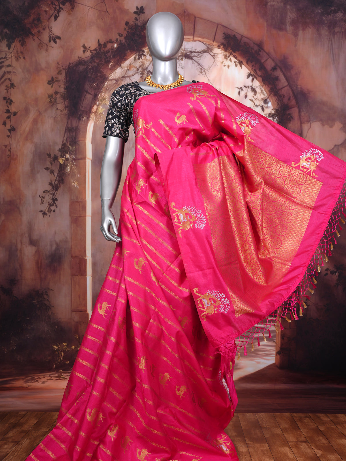 Rani Pink with Gold - Semi Tussar Saree