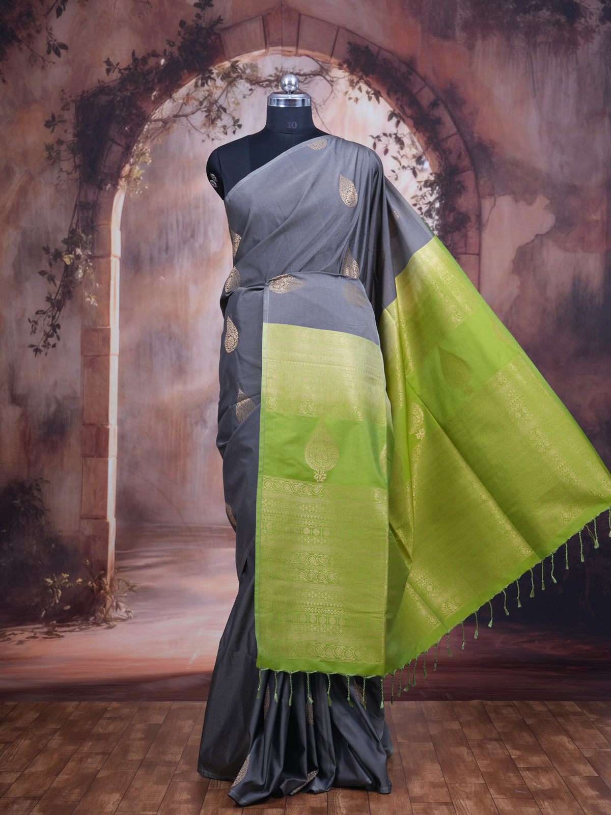 Steel Grey With Green Semi Silk Saree