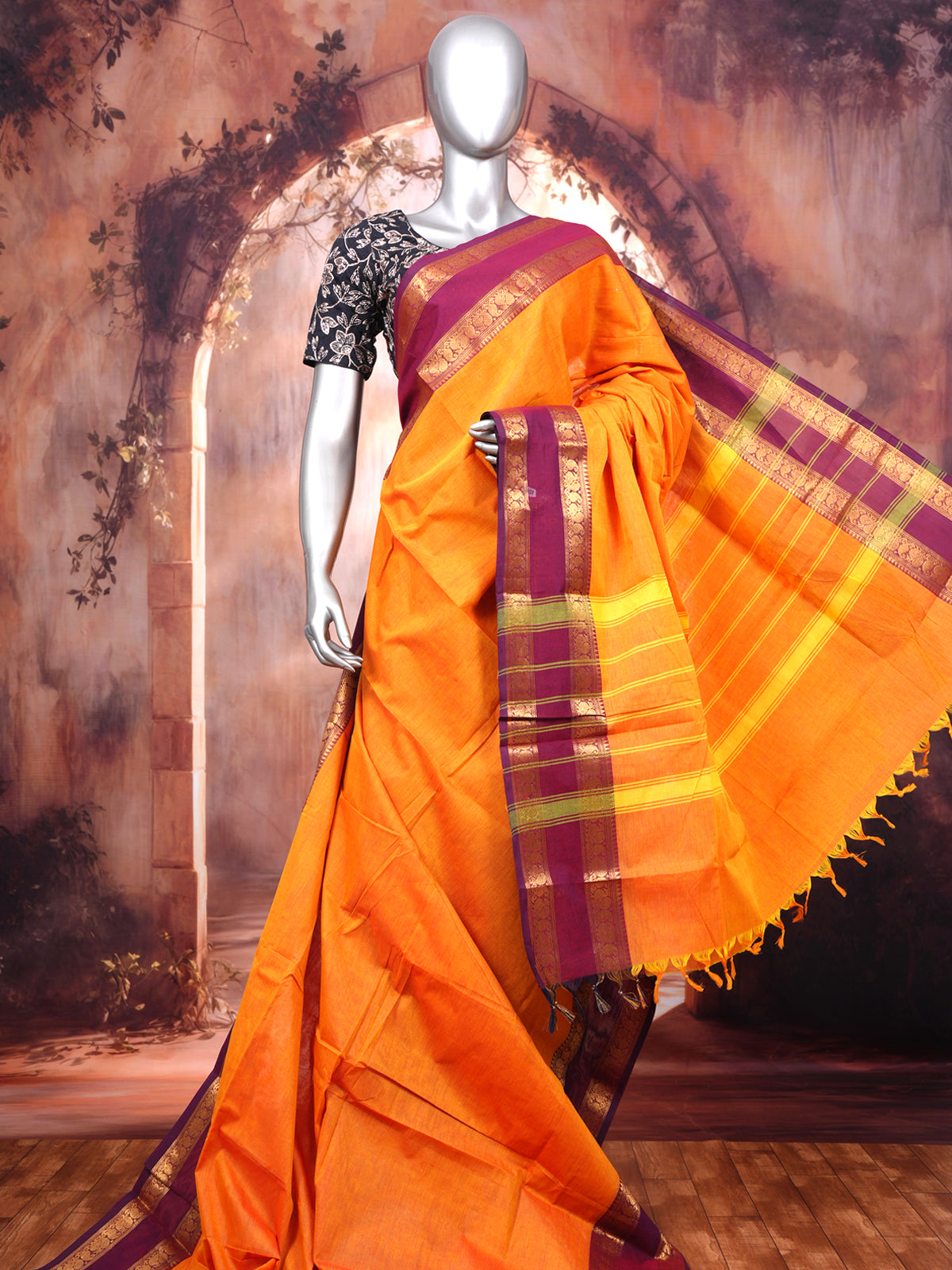 Mustard Yellow and Wine Purple Chettinad Cotton Saree