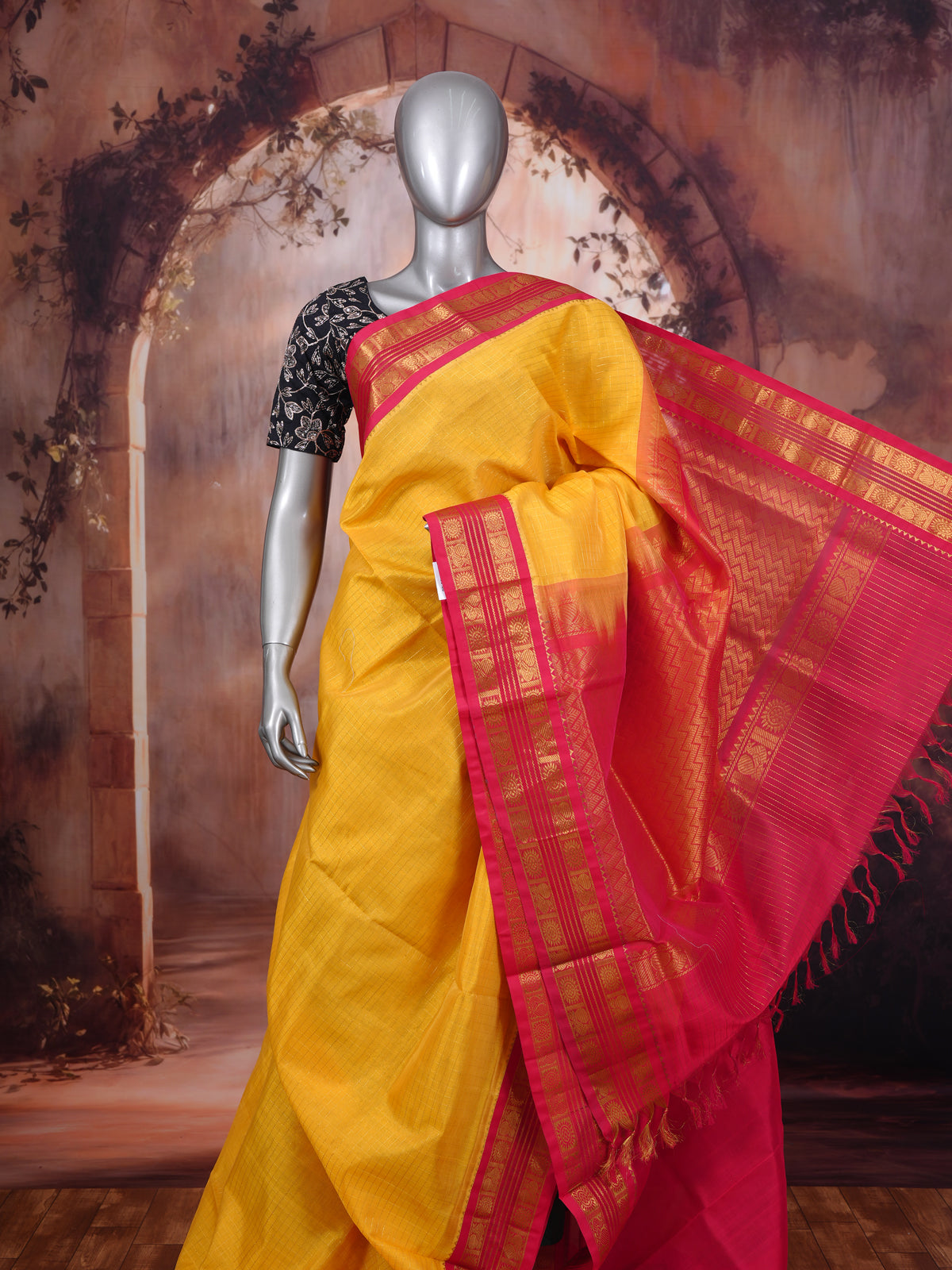 Pure Silk Cotton Saree in Mustard Yellow and Magenta Pink – Handloom Festive Wear