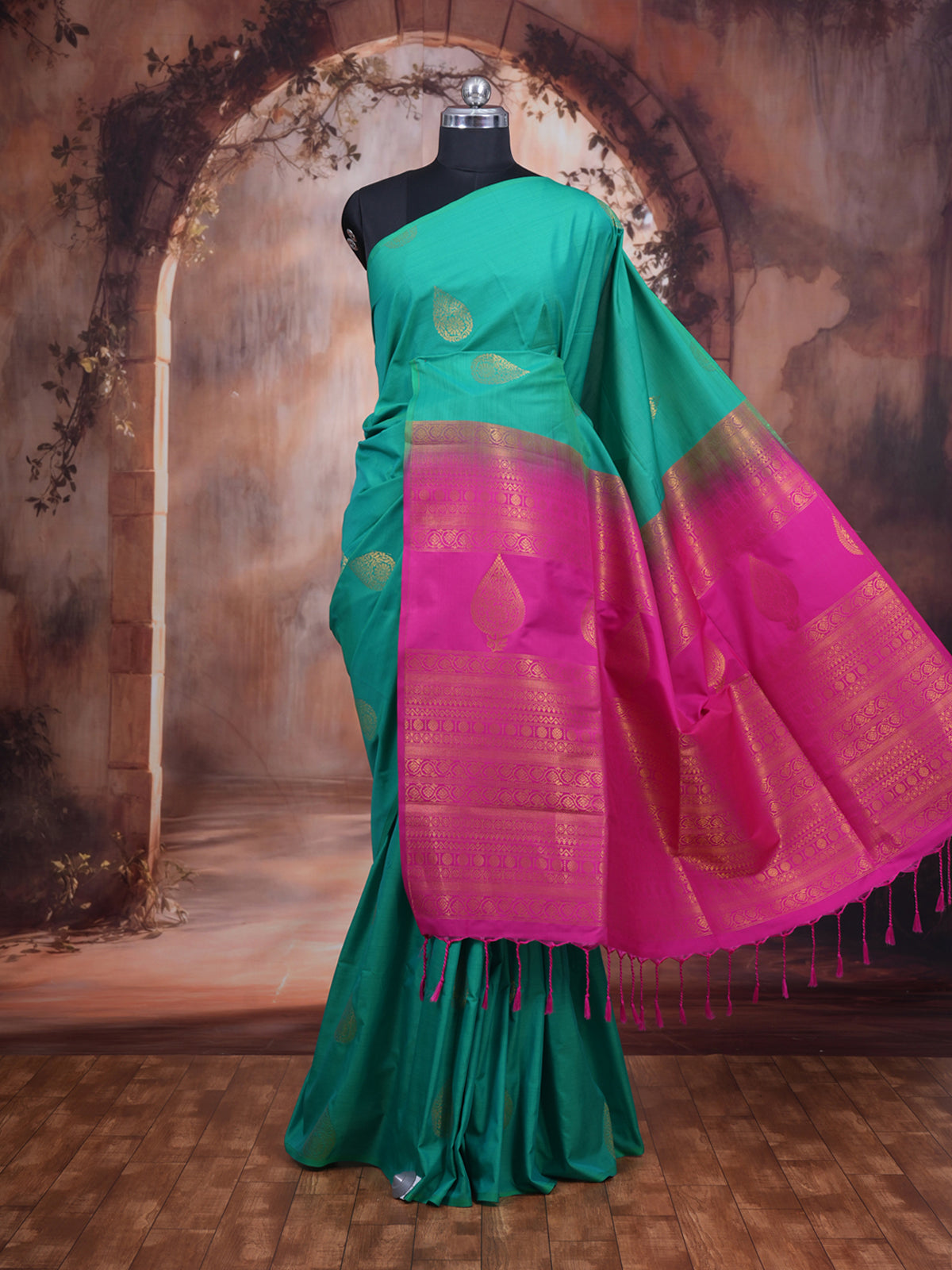 Rama Green with Rani Pink Semi Silk Saree