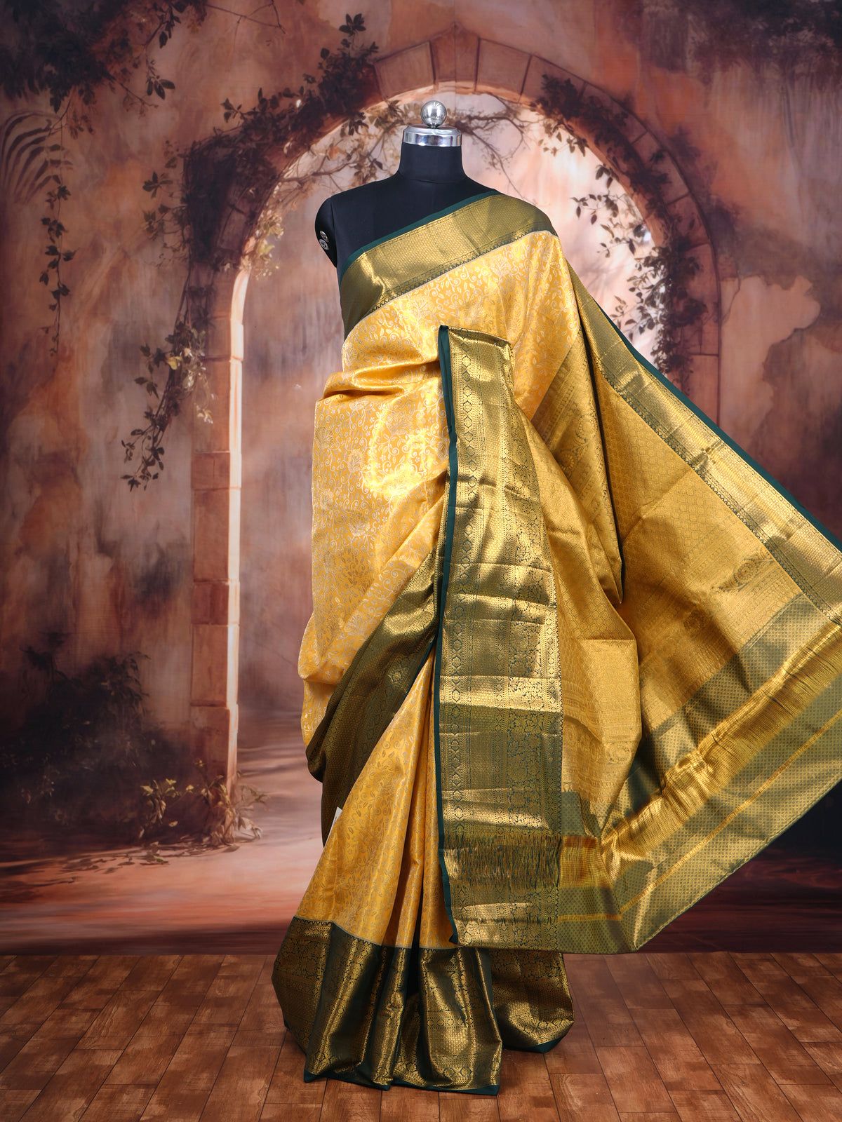 Mustard Yellow and Bottle Green Kanchipuram Silk Saree