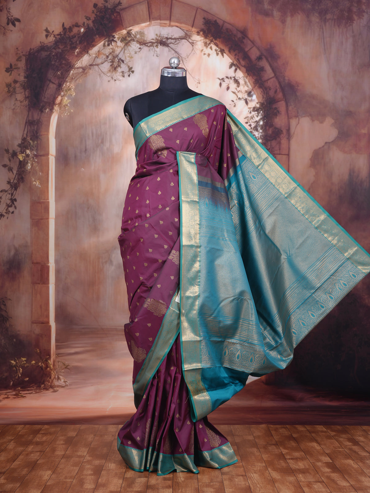 Wine Purple with Rama Green Kanchipuram Fancy Silk Saree