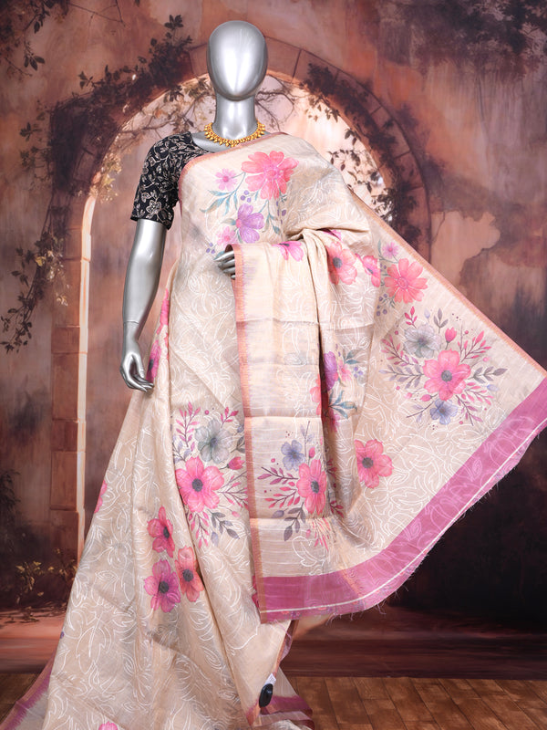 Beige with Pink - Linen Cotton Saree