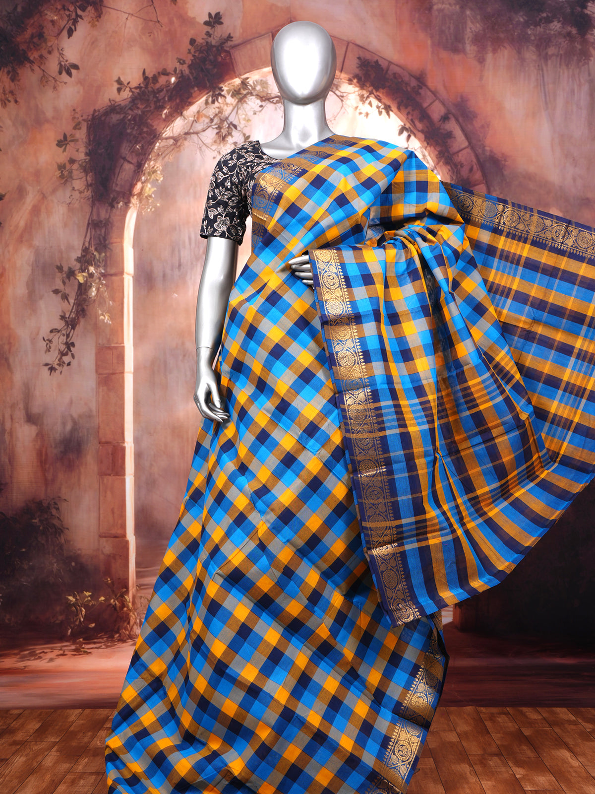 Blue and Yellow with Ink Blue Munthi Chettinad Cotton Saree