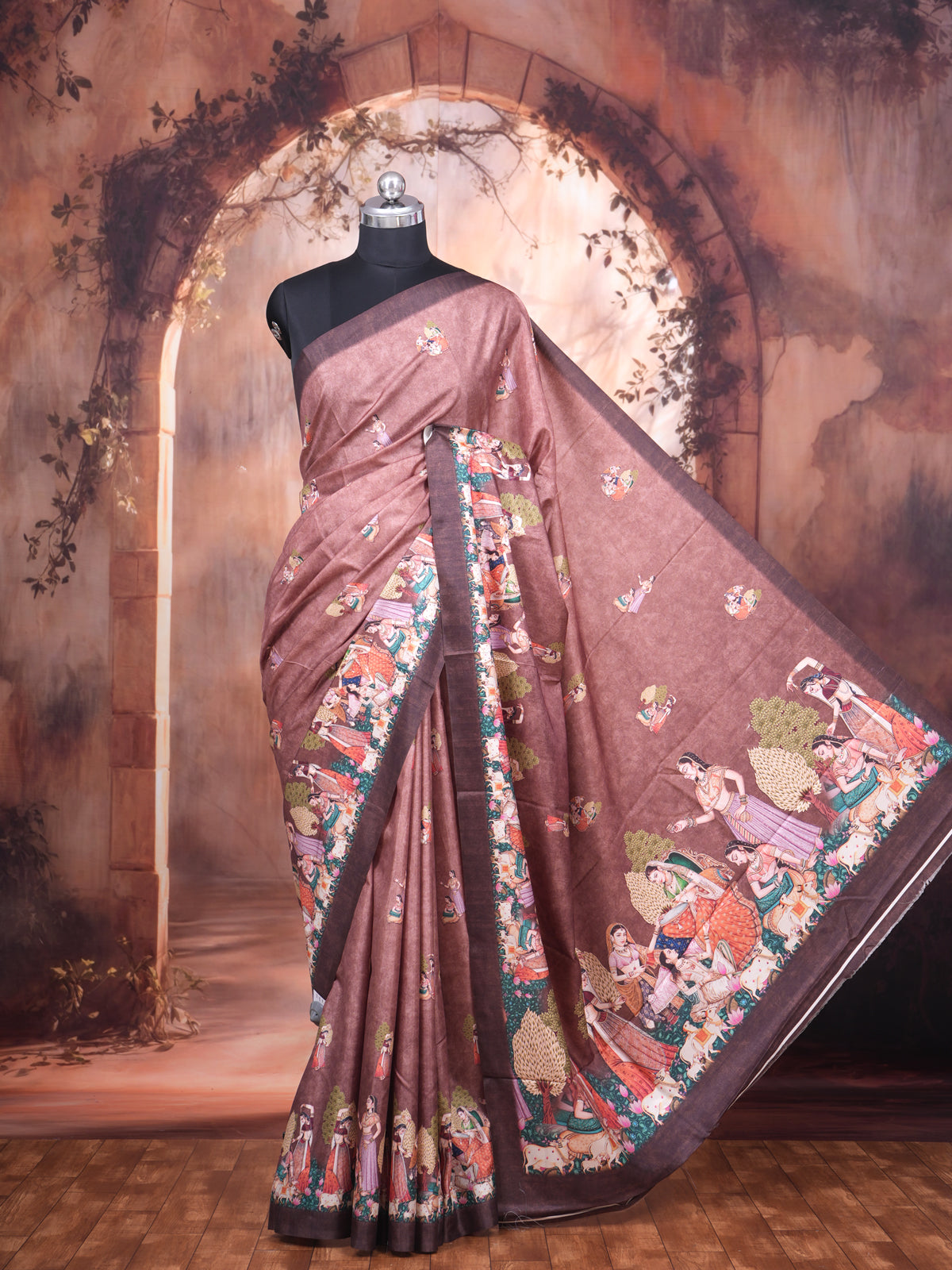 Dusty Rose Pink with Deep Coffee Brown - Semi Tussar Saree
