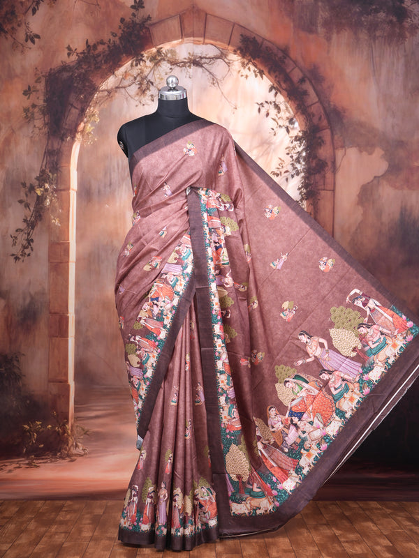 Dusty Rose Pink with Deep Coffee Brown - Semi Tussar Saree