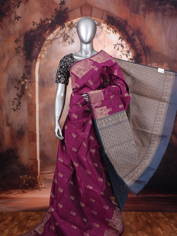 Magenta Pink with Sage Grey Munthi Silk Cotton Saree