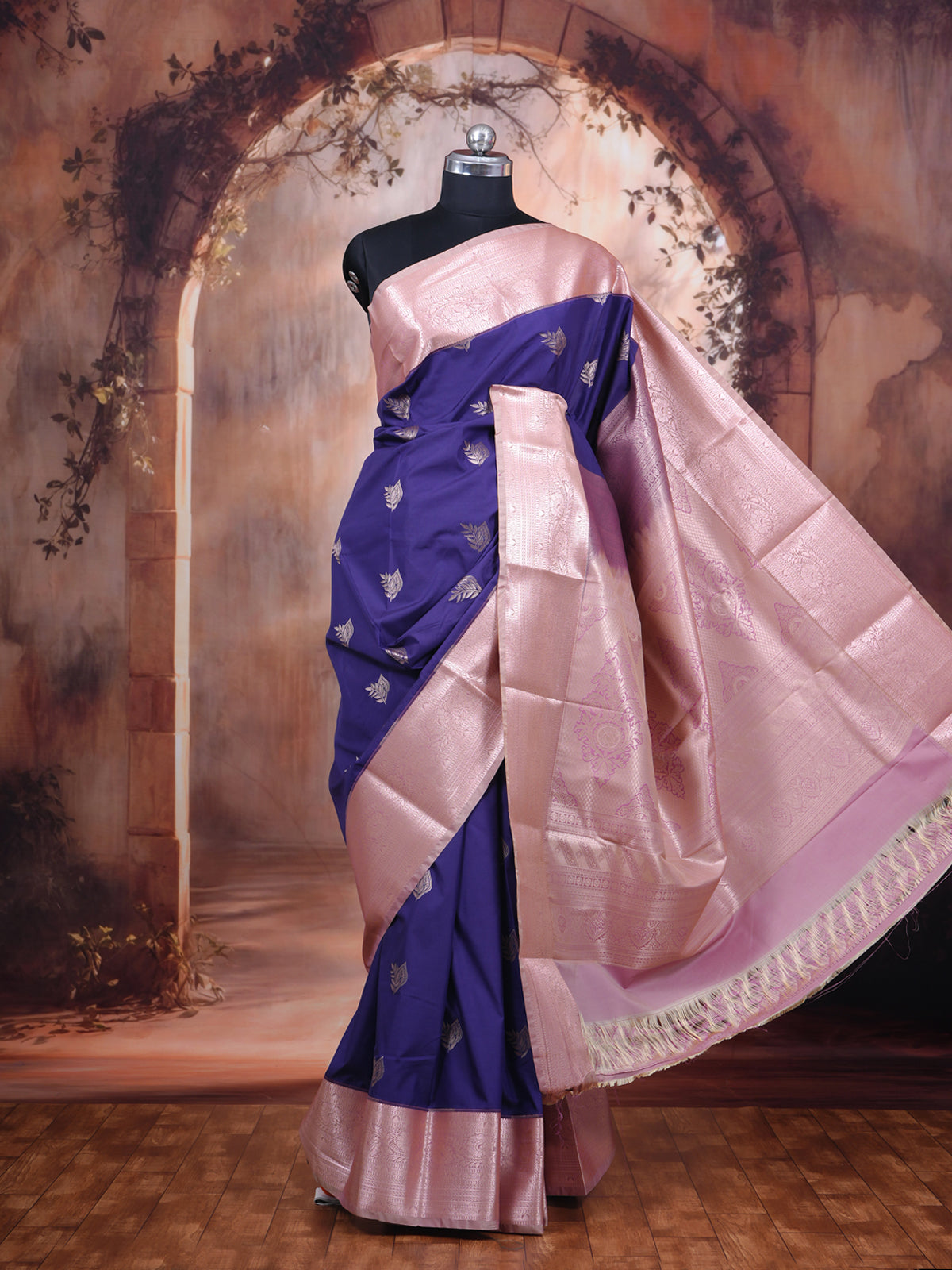 Royal Violet and Pastel Pink Kanchipuram Fancy Silk Saree