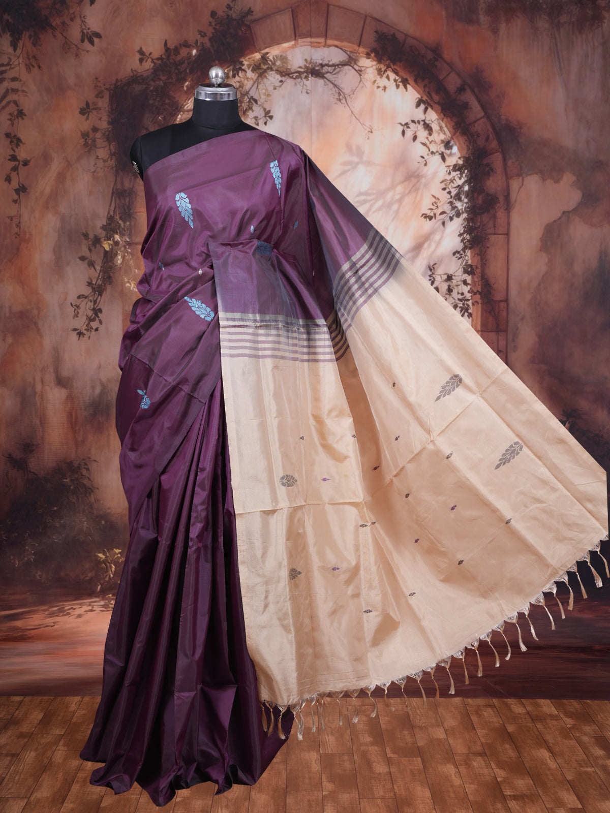 Wine Purple With Beige Semi Silk Saree