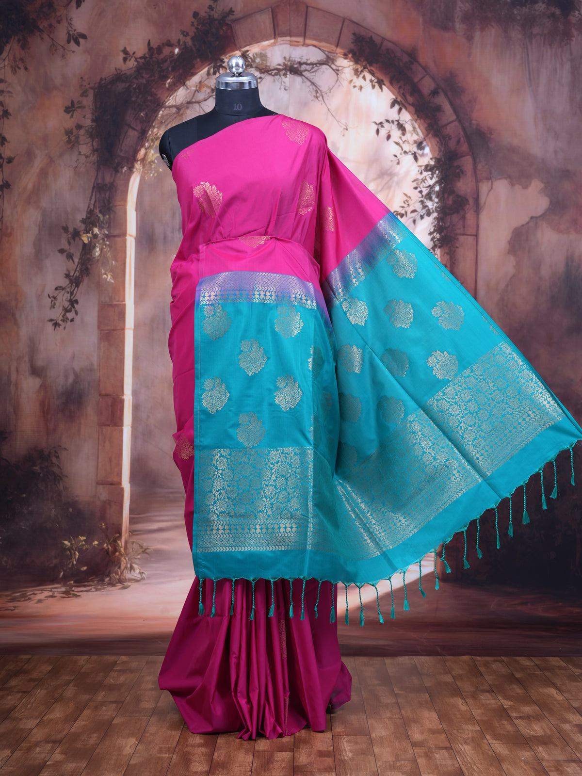 Rani Pink with Blue Semi Silk Saree