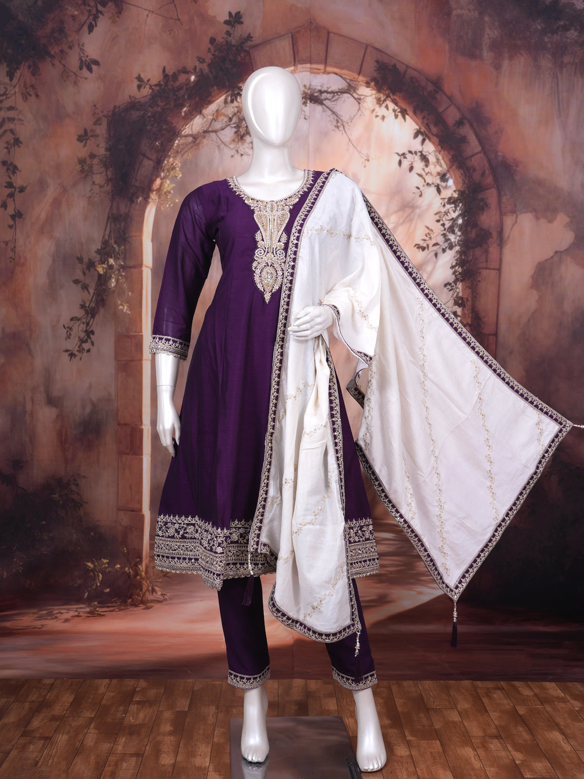 Deep Purple with Off-White Dupatta Ready Made Salwar Suit