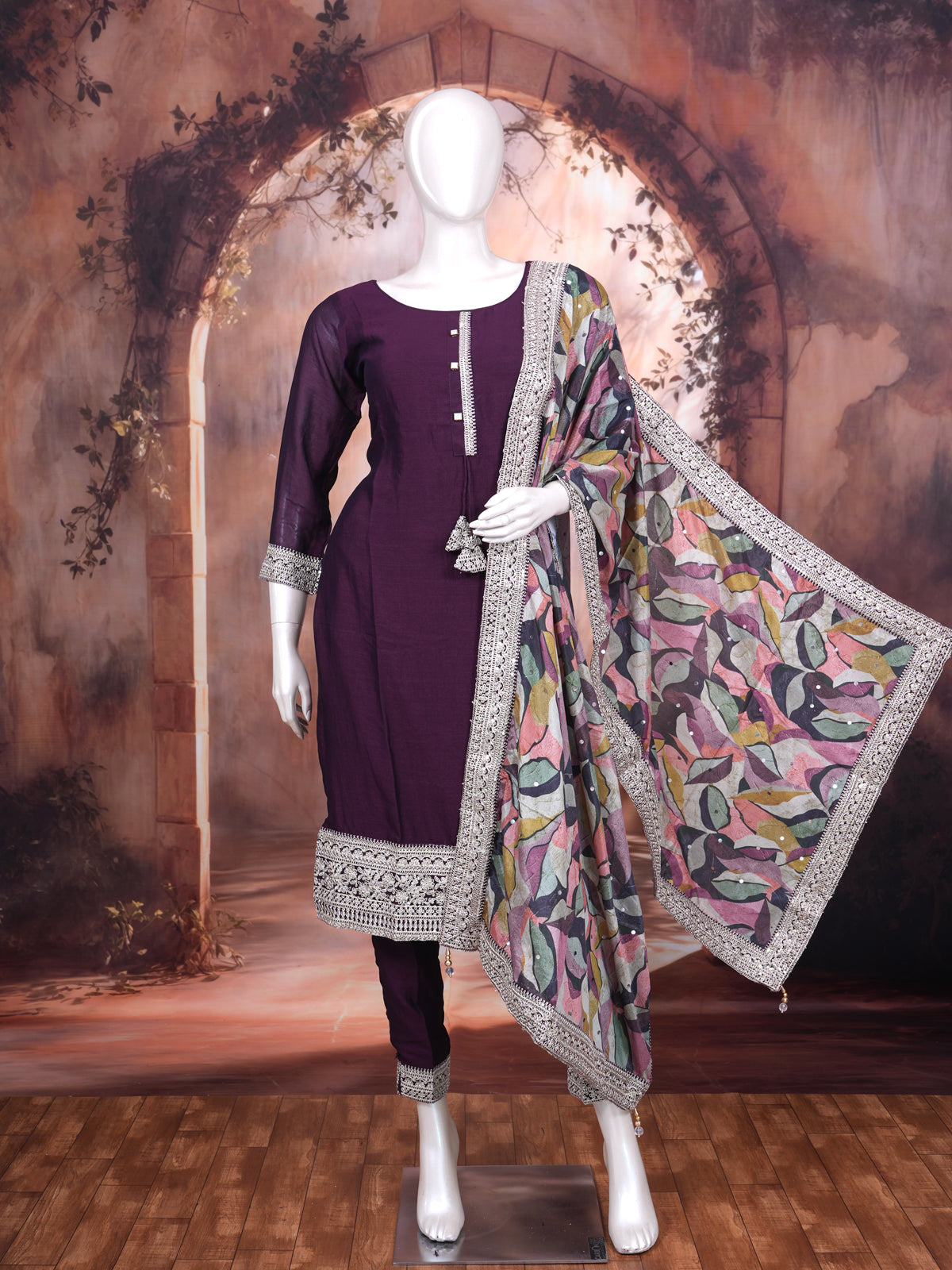 Deep Wine with Multi-Color Printed Dupatta Ready Made Kurti Set