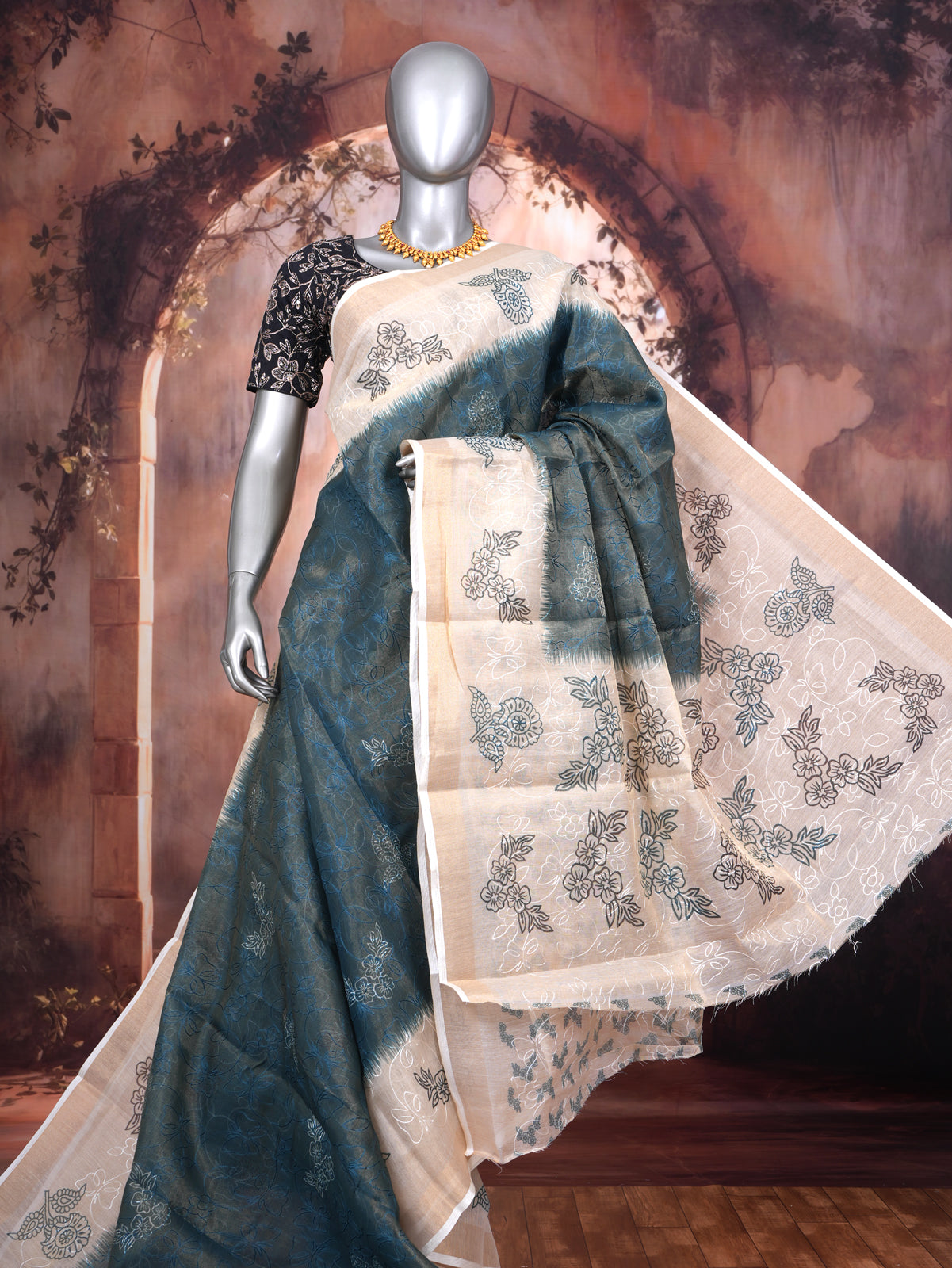 Peacock Blue with Cream - Linen Cotton Saree