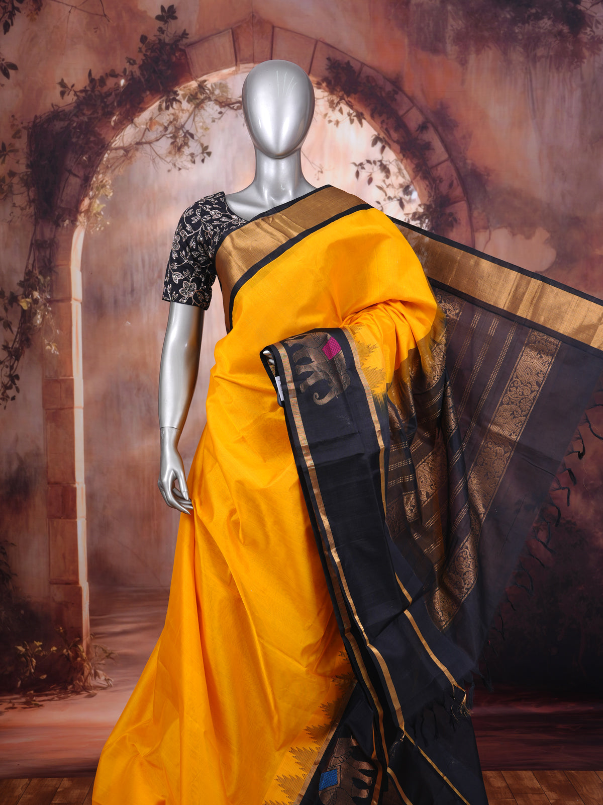 Vibrant Mustard Yellow and Black Pure Silk Cotton Handloom Saree