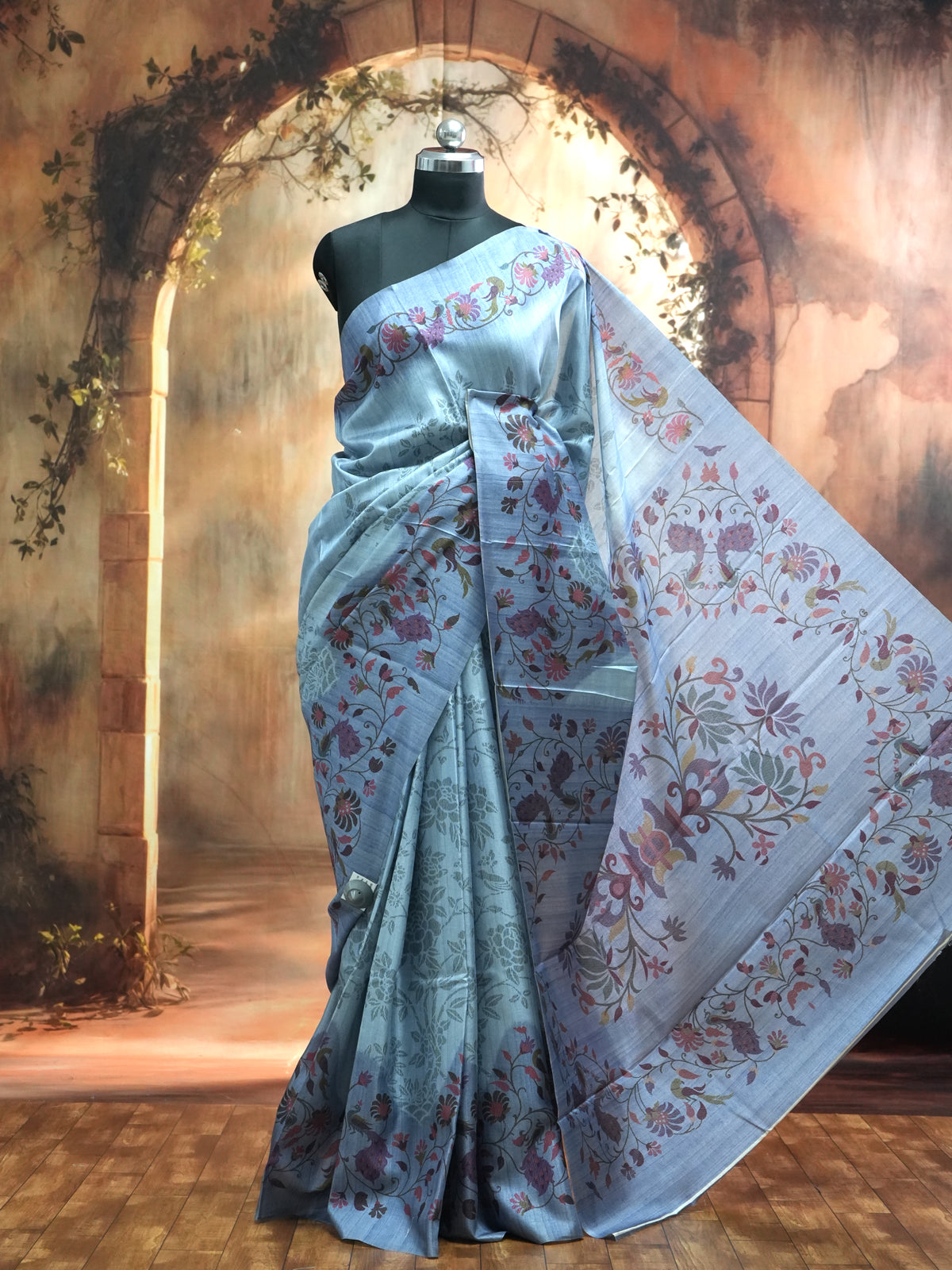 Ice Blue with Multicolor Floral Pallu - Semi Tussar Saree
