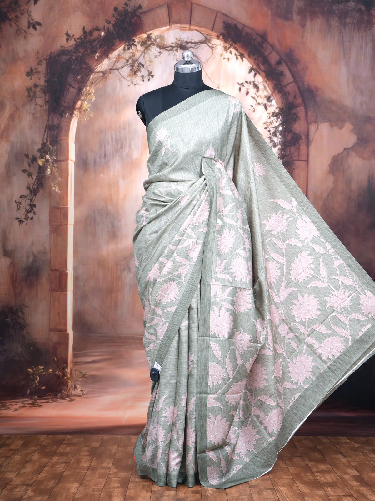 Olive Green with Baby Pink - Semi Tussar Saree