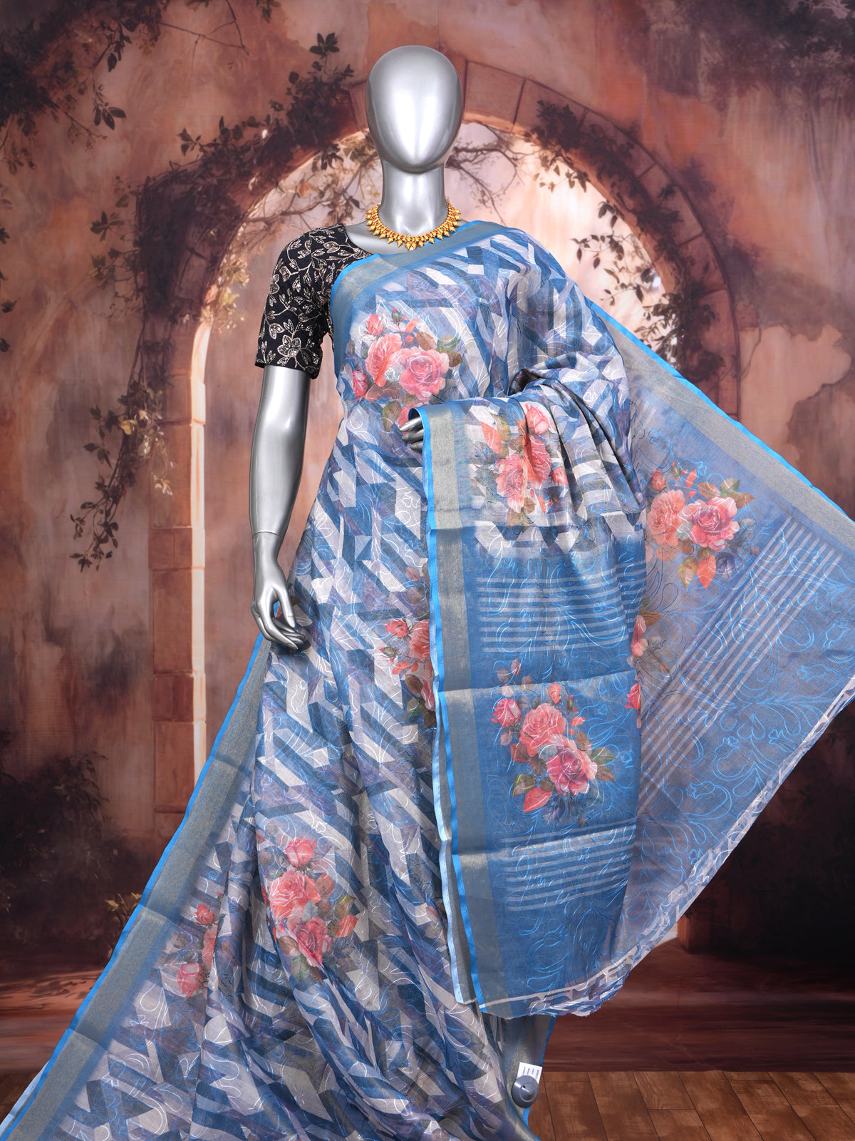 Steel Blue with Pink Floral - Linen Cotton Saree