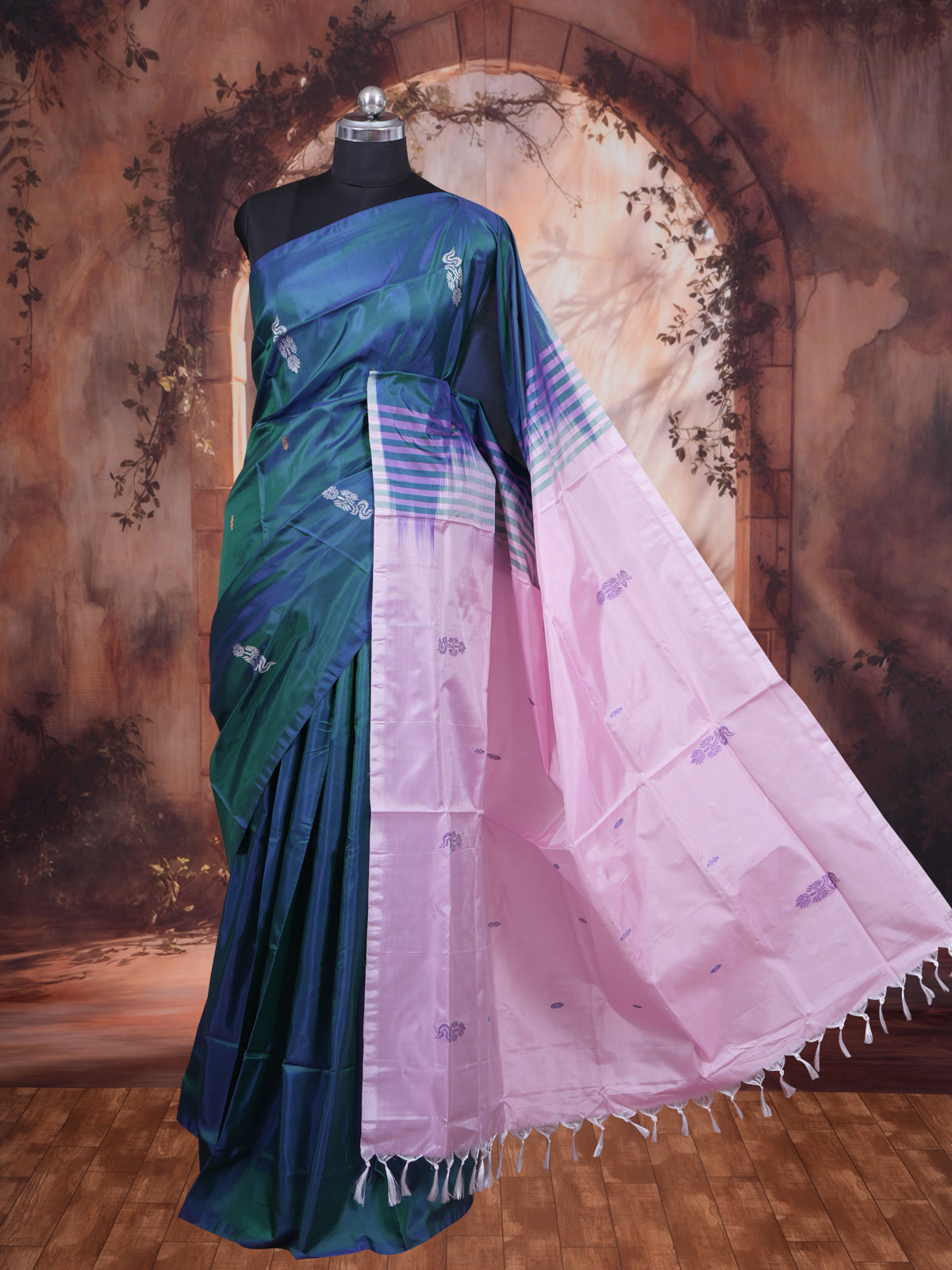 Peacock Blue With Baby Pink Semi Silk Saree