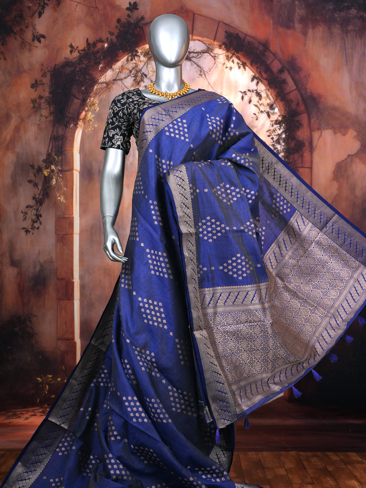 Royal Blue with Antique Silver Pallu - Semi Tussar Saree