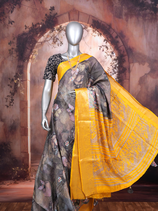 Charcoal Grey with Golden Yellow - Semi Raw Silk Saree