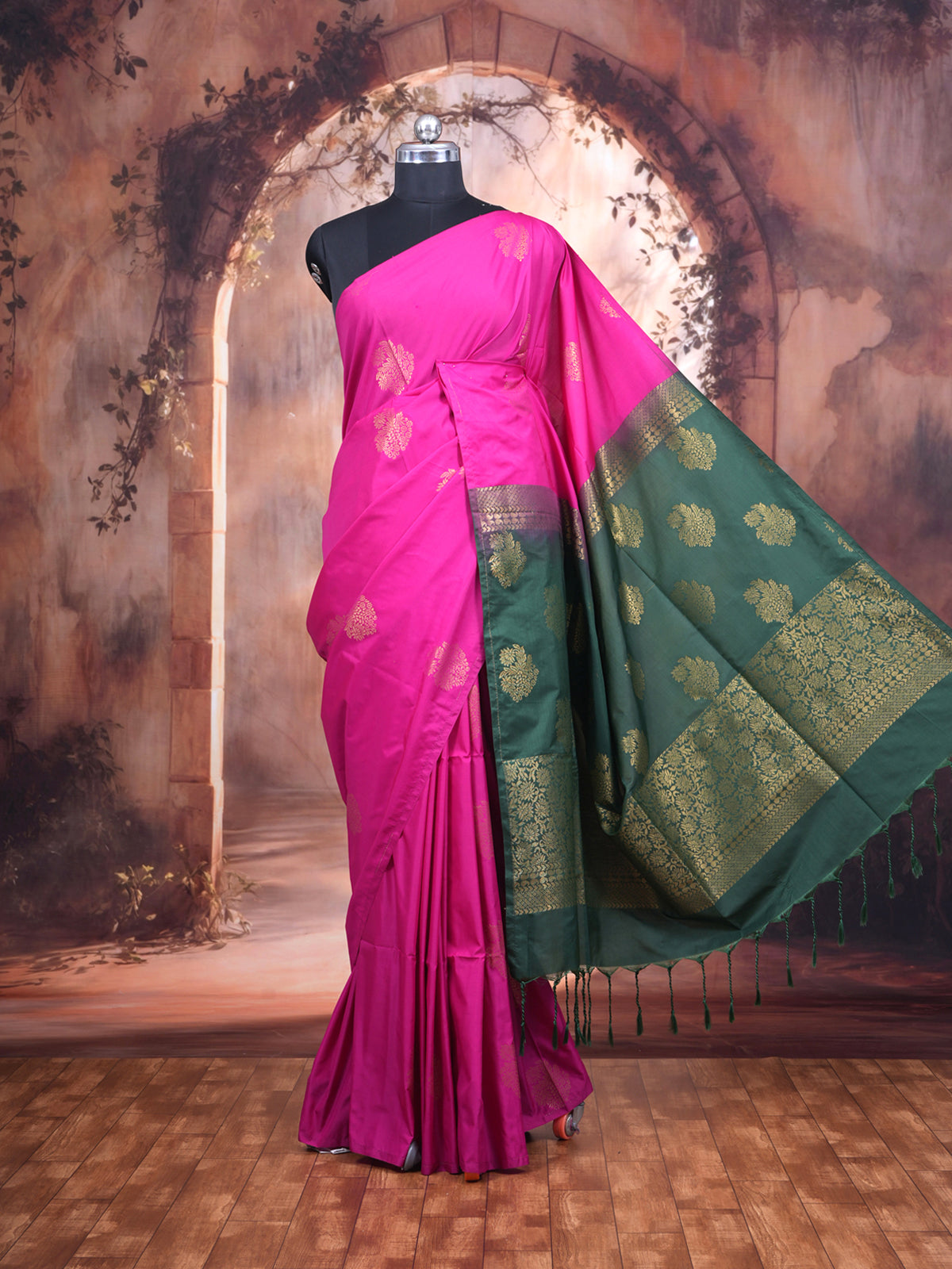 Rani Pink with Green Semi Silk Saree