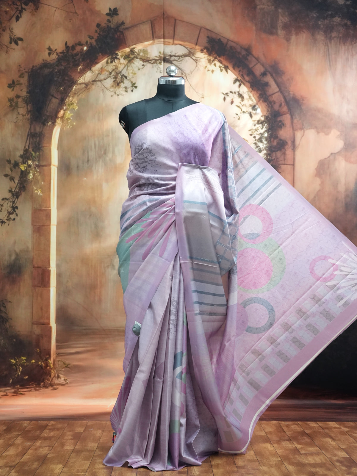 Lavender with Multi-Color Geometric Pallu - Semi Tussar Saree