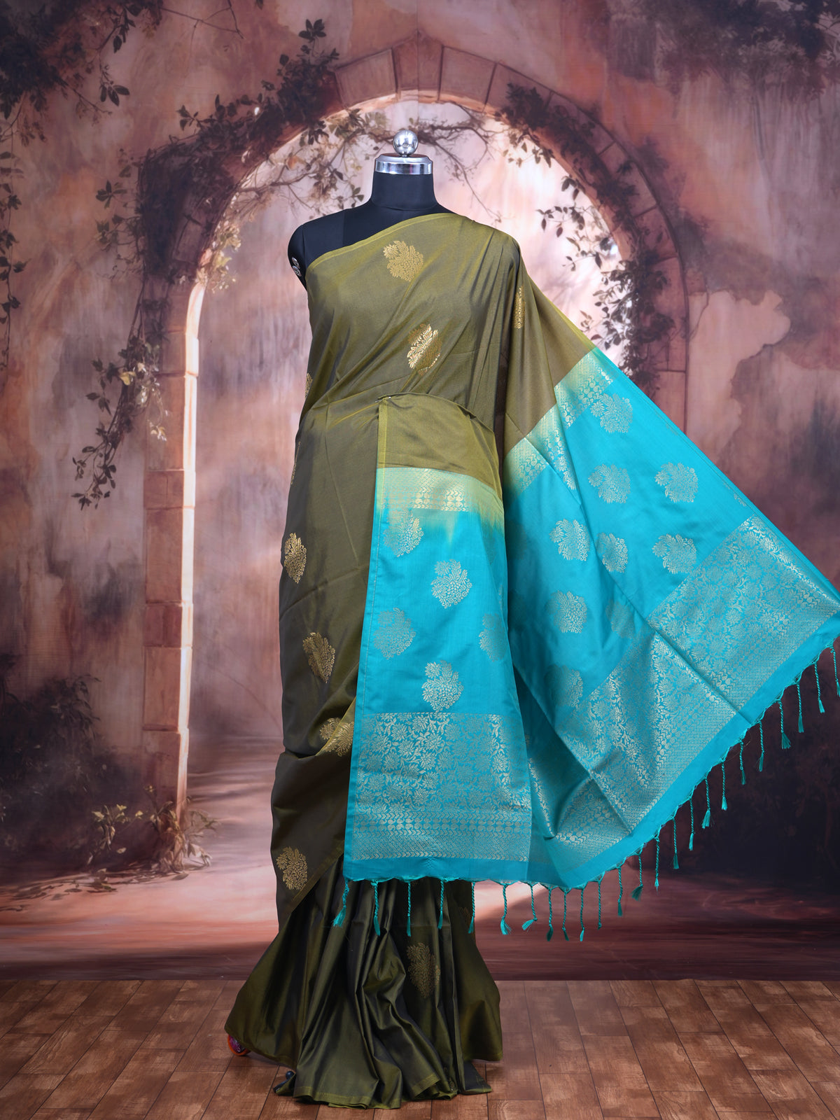 Olive Green with Peacock Blue Semi Silk Saree