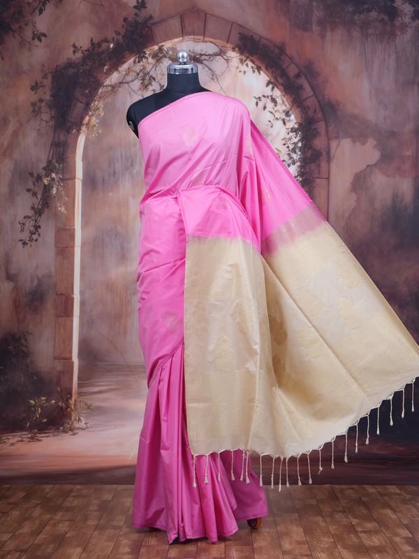 Baby Pink With Sandal Semi Silk Saree