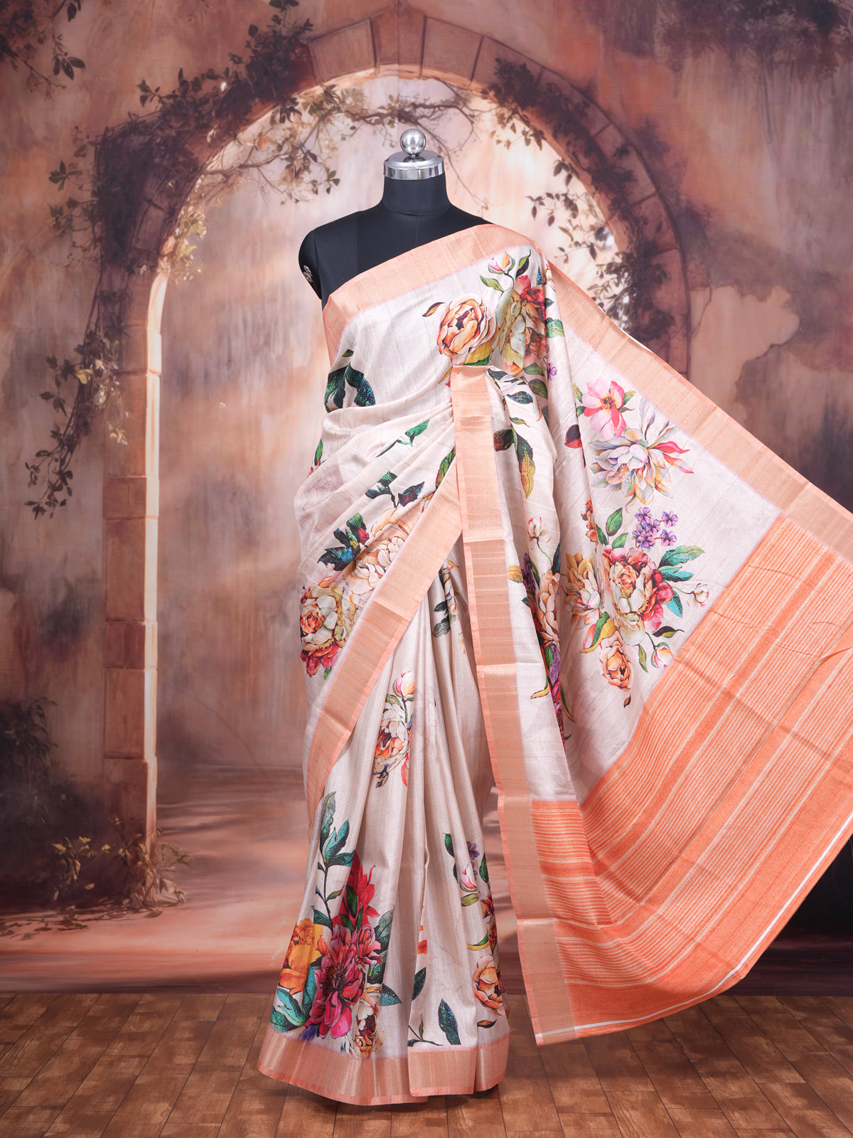 Cream with Peach - Semi Tussar Saree