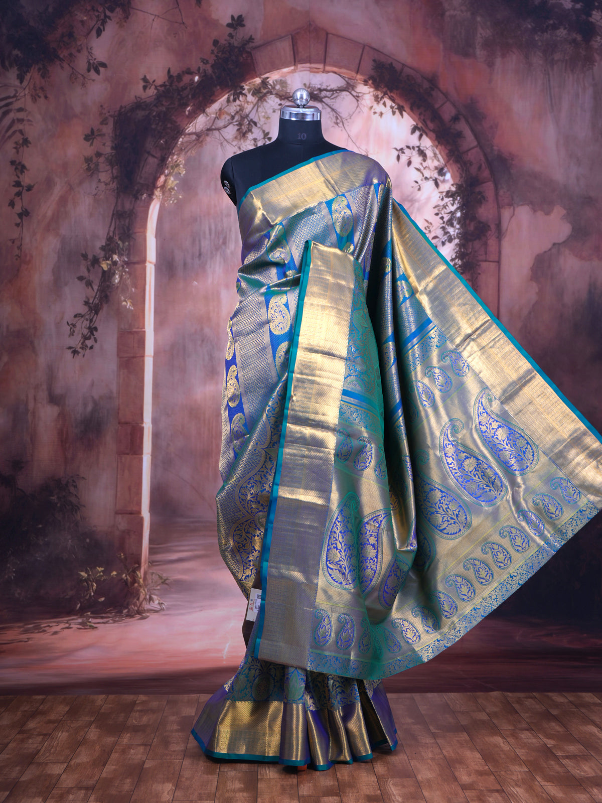 Peacock Blue and Rama Green Kanchipuram Silk Saree